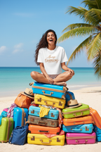 Model wearing the Always Overpacking Travel Crop Top at the beach with colourful suitcases