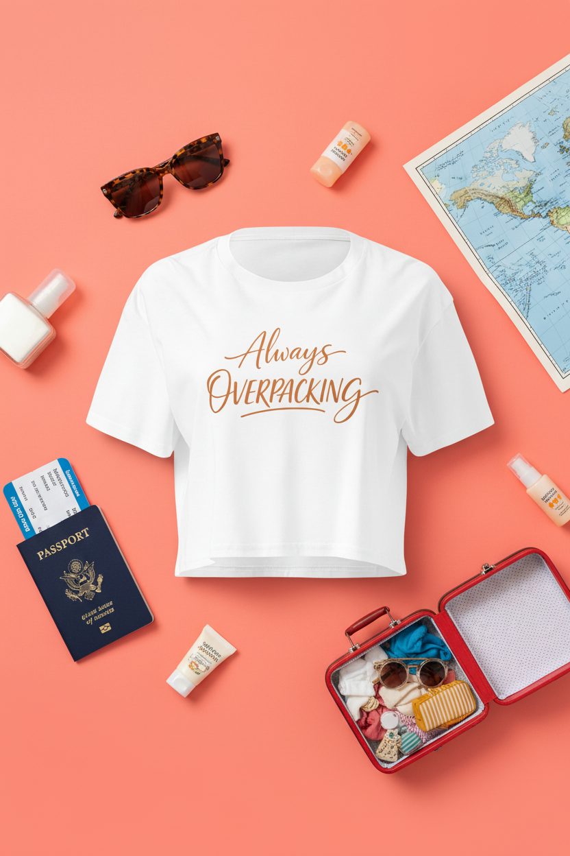 Always Overpacking Travel Crop Top flat lay styled with sunglasses, passport, suitcase and travel items