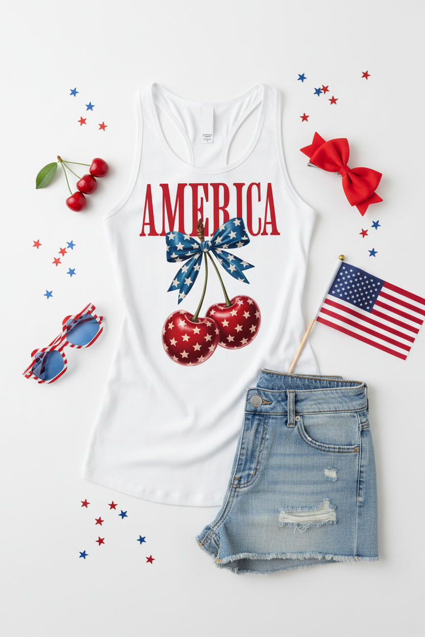 America Cherry Bow Racerback Tank Top flat lay styled with denim shorts and red white and blue confetti