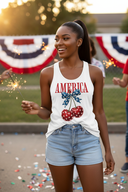 Model wearing the America Cherry Bow Racerback Tank Top outdoors with patriotic bunting and denim shorts