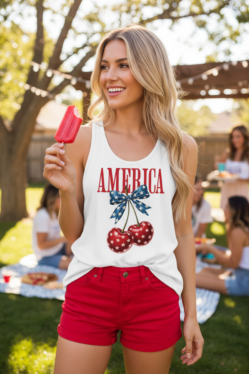 Model wearing the America Cherry Bow Racerback Tank Top with red shorts and an ice cream outdoors