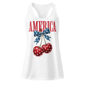America Cherry Bow white racerback tank top front product mockup with red star cherries and blue bow graphic