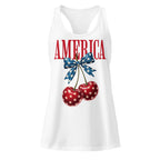 America Cherry Bow white racerback tank top front product mockup with red star cherries and blue bow graphic
