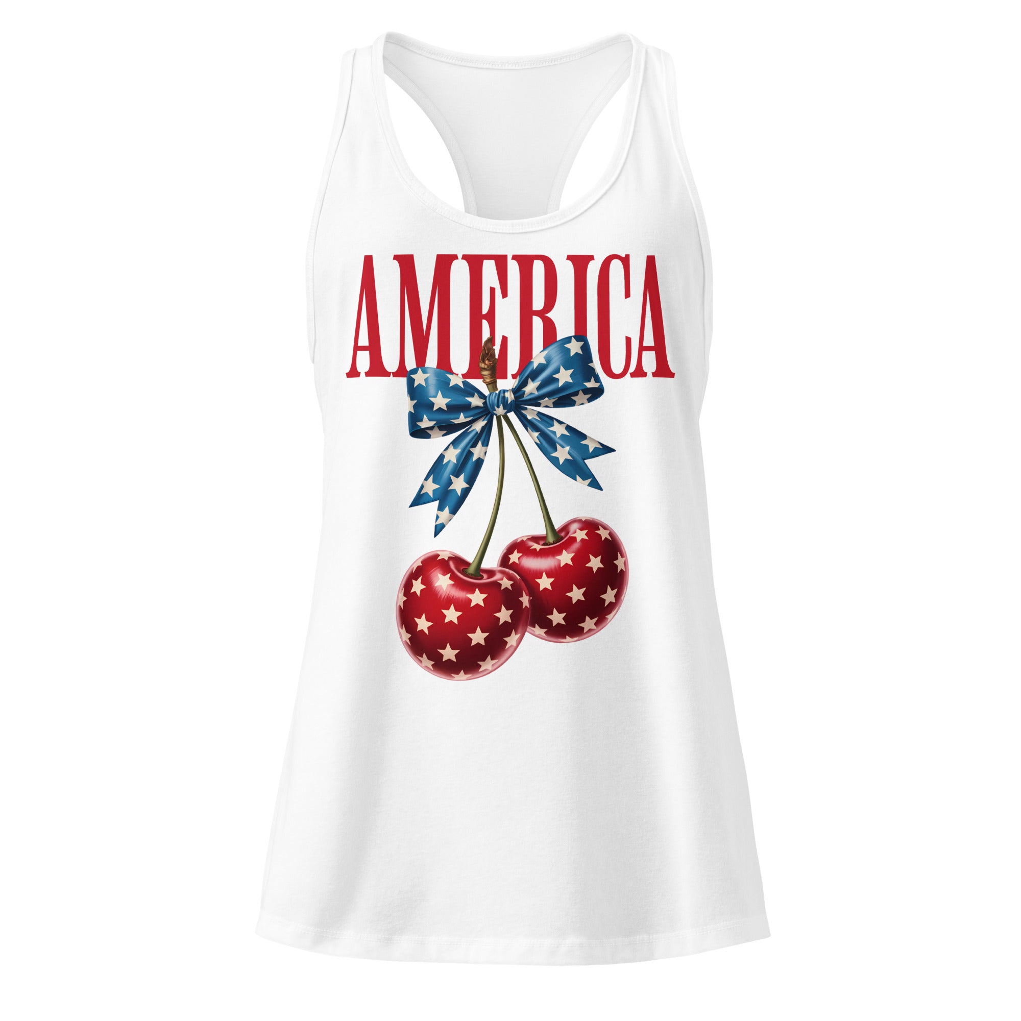 America Cherry Bow white racerback tank top front product mockup with red star cherries and blue bow graphic