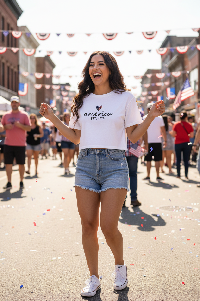 Model wearing the America Est. 1776 Crop Top with denim shorts in a city street scene