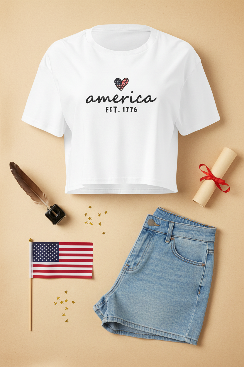America Est. 1776 Crop Top flat lay styled with folded jeans and a small American flag