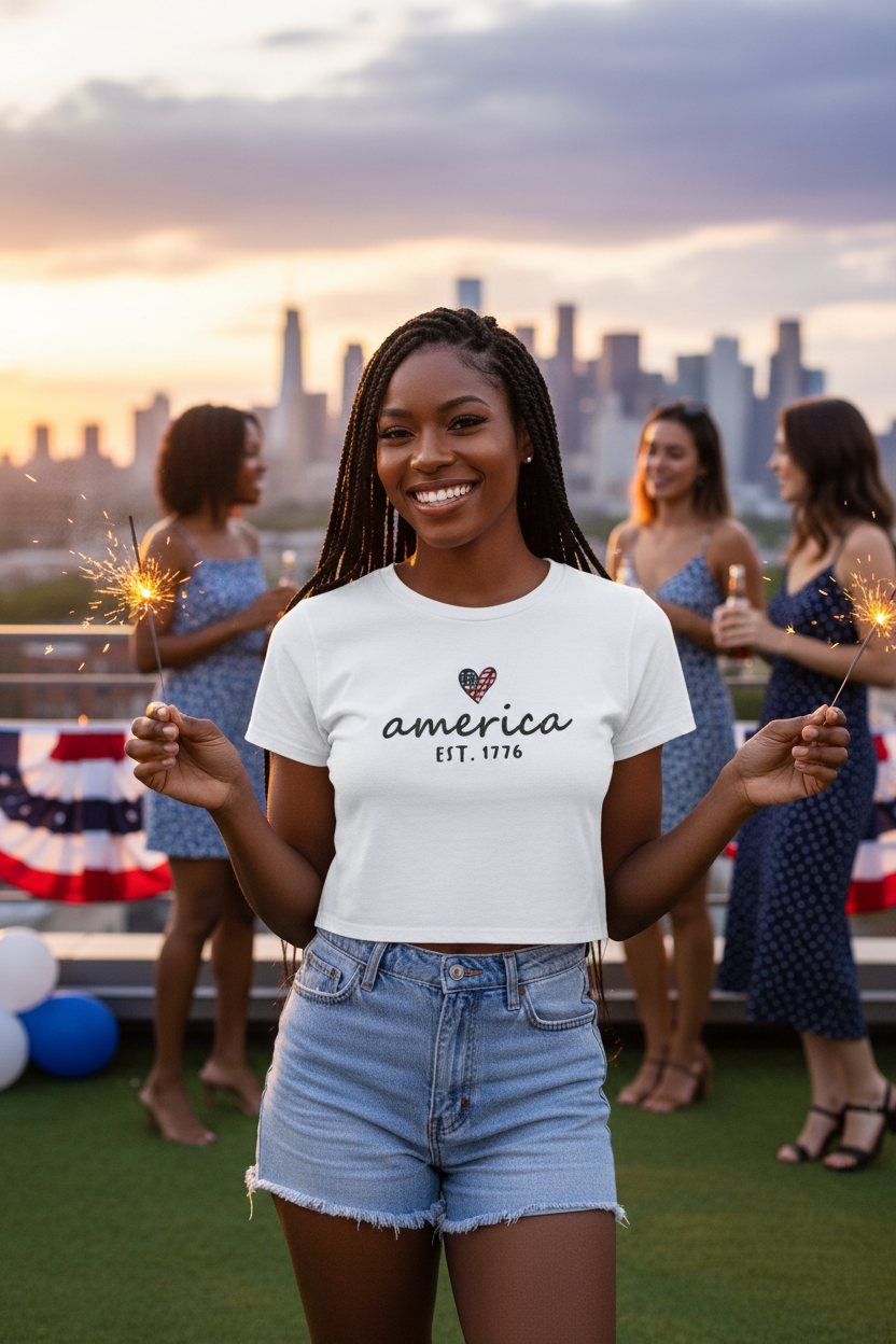 Model wearing the America Est. 1776 Crop Top outdoors with red white and blue patriotic styling