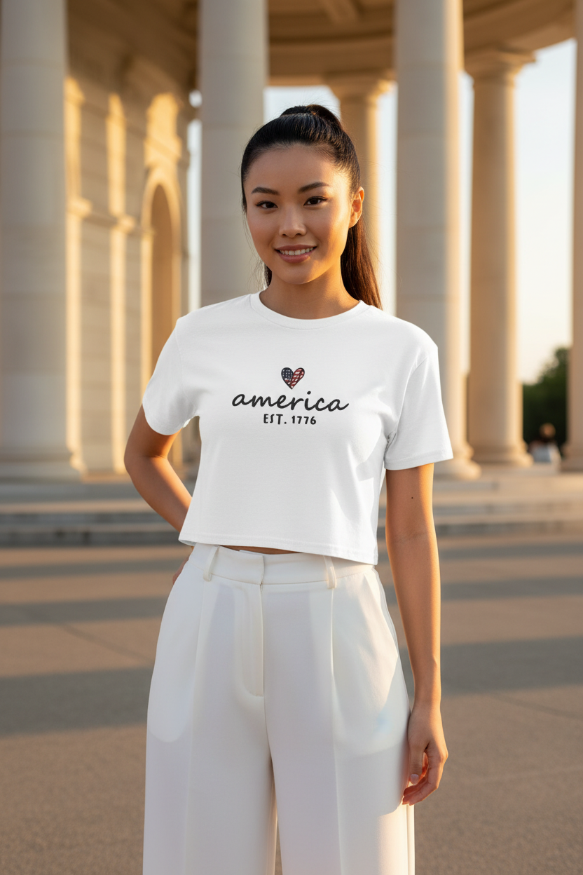 Model wearing the America Est. 1776 Crop Top with a white summer outfit