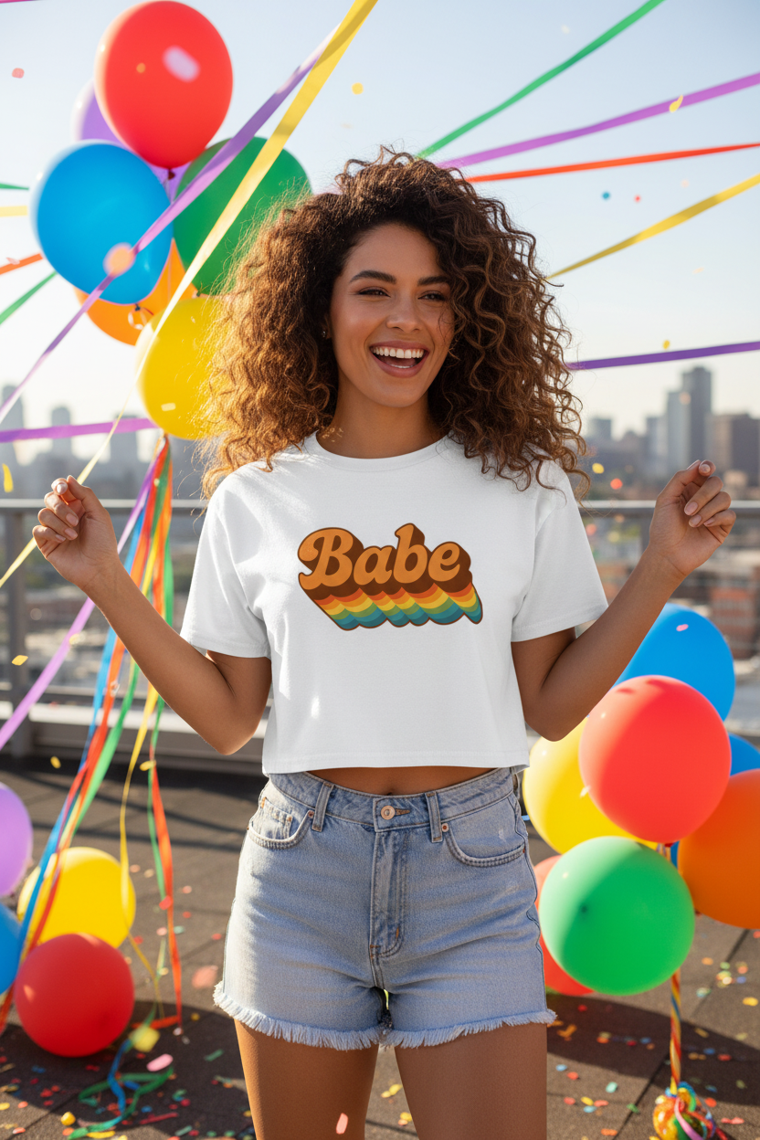 Model wearing the Babe Retro Rainbow Crop Top in a colourful balloon party scene