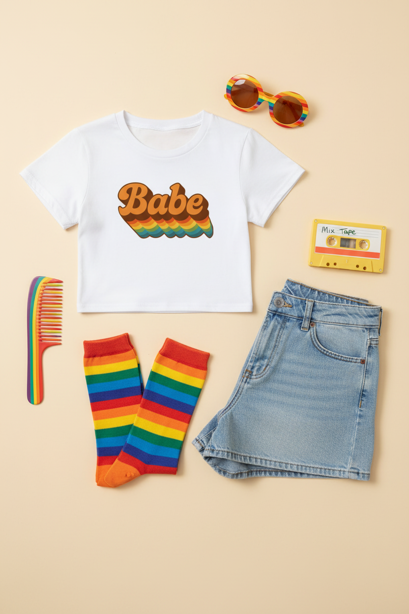 Babe Retro Rainbow Crop Top flat lay styled with rainbow socks and denim shorts