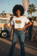 Model wearing the Babe Retro Rainbow Crop Top in an outdoor street scene