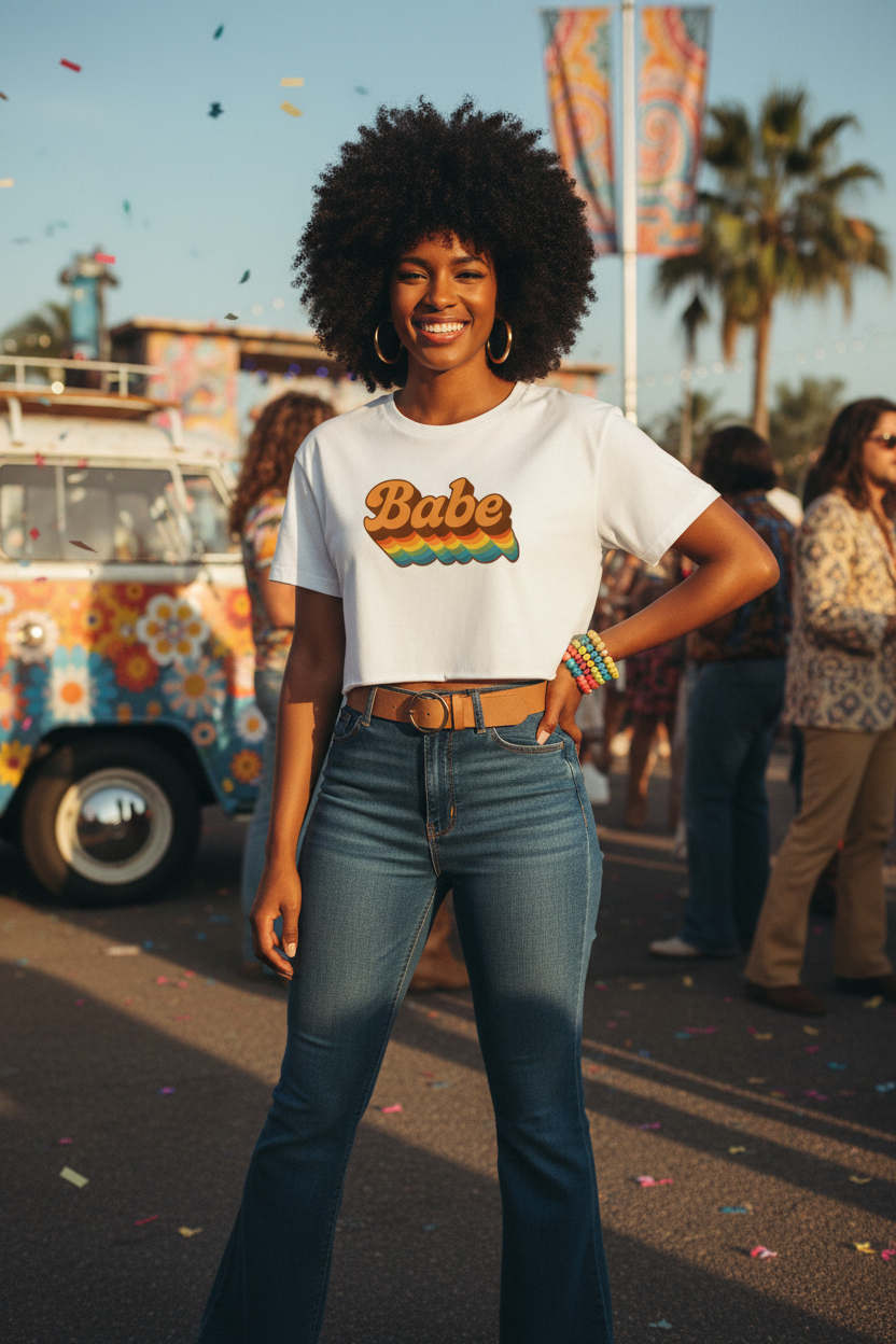 Model wearing the Babe Retro Rainbow Crop Top in an outdoor street scene