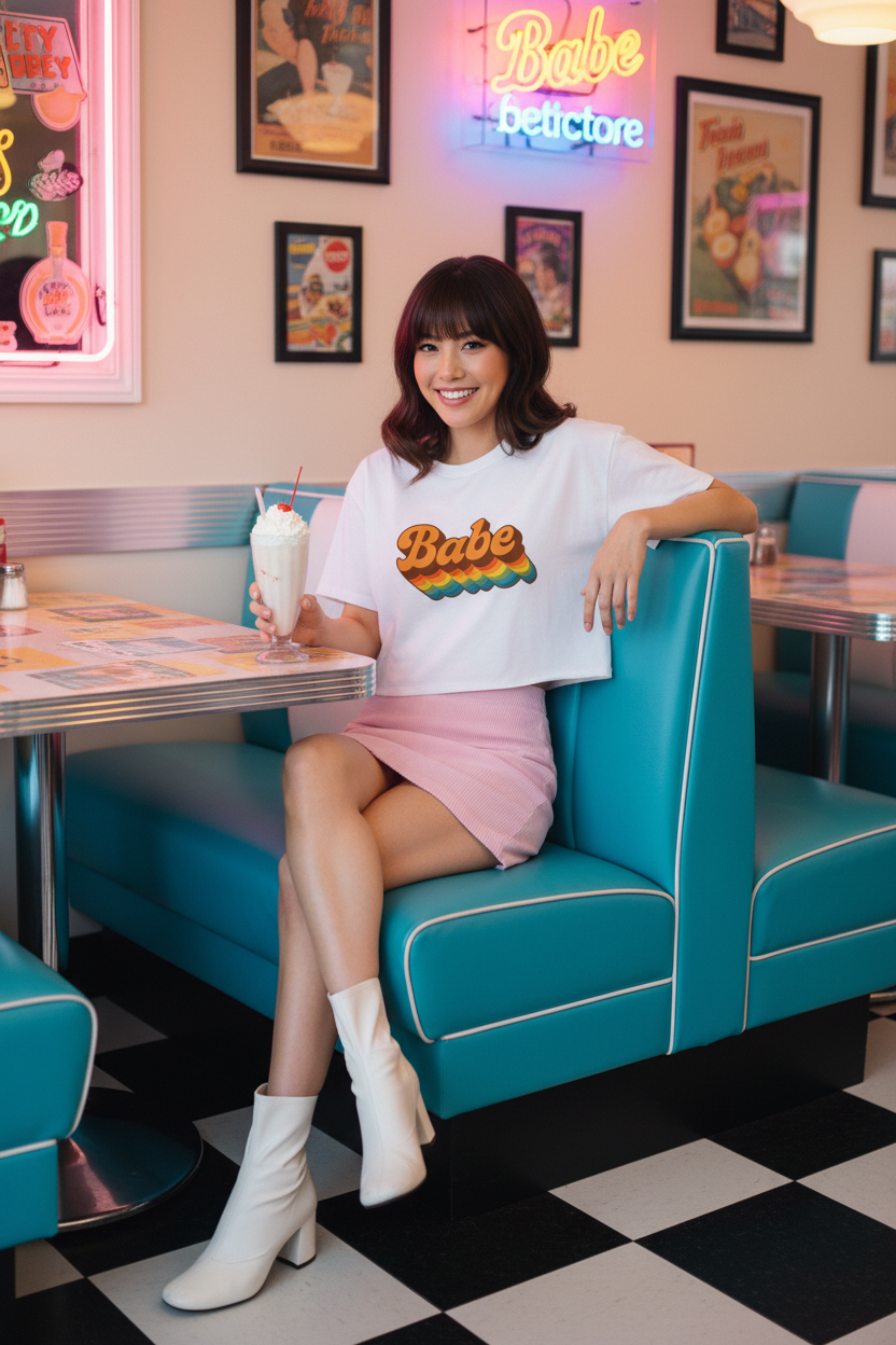 Model wearing the Babe Retro Rainbow Crop Top seated in a retro diner booth
