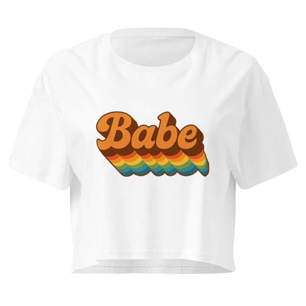 Babe Retro Rainbow white crop top front product mockup with brown script lettering and rainbow stripe graphic