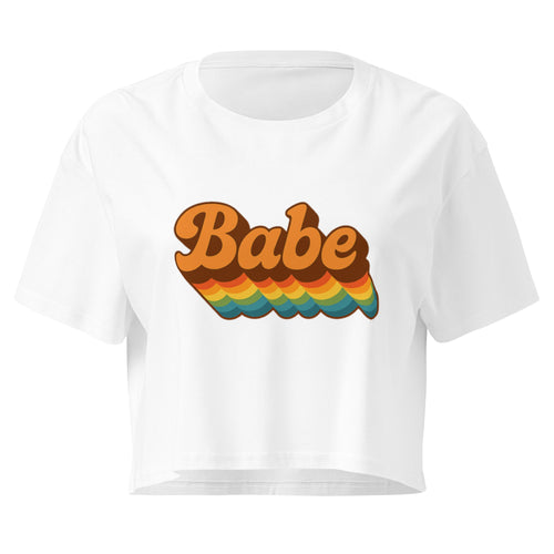 Babe Retro Rainbow white crop top front product mockup with brown script lettering and rainbow stripe graphic