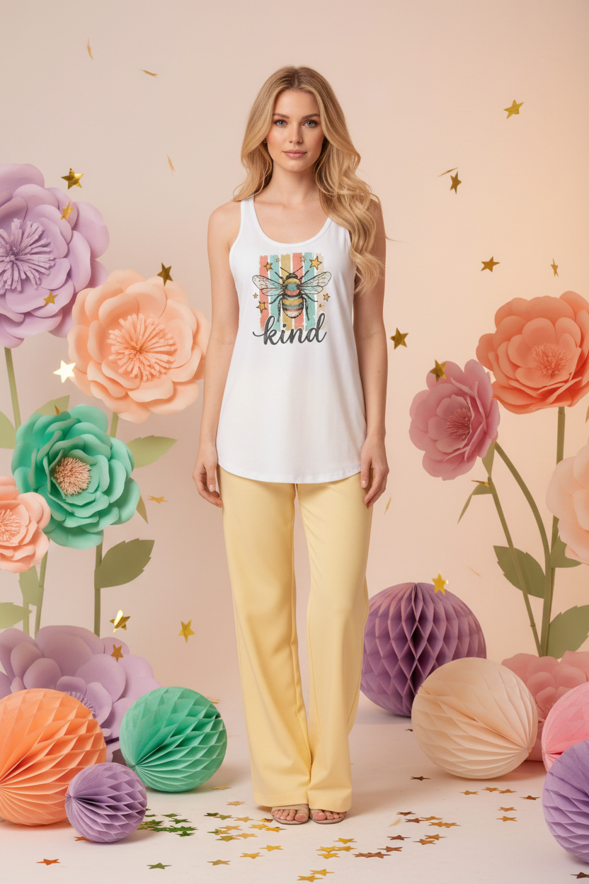Model wearing the Bee Kind Racerback Tank Top in a colourful floral studio scene