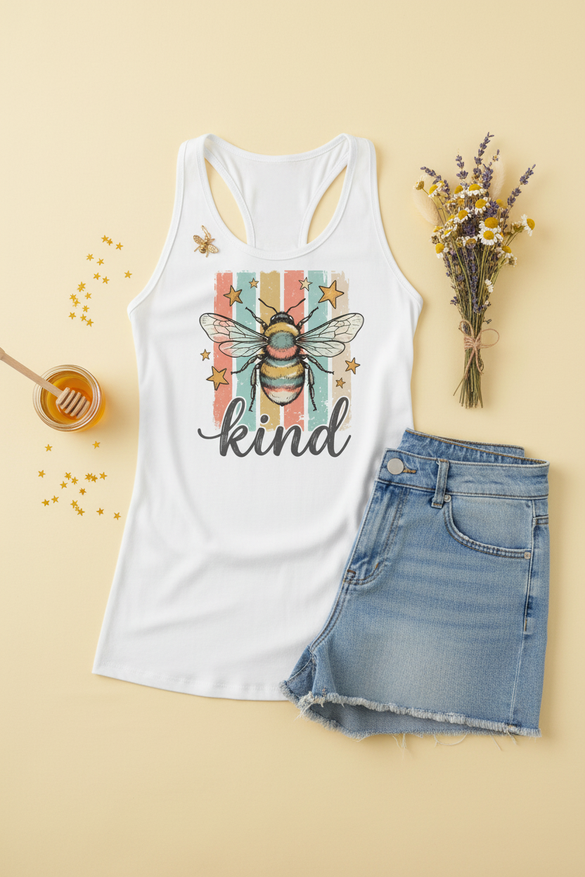Bee Kind Racerback Tank Top flat lay styled with folded jeans and flowers