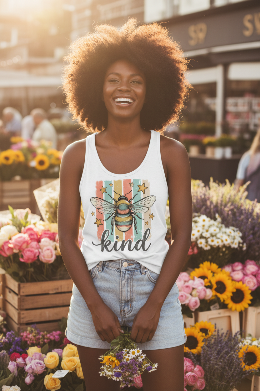 Model wearing the Bee Kind Racerback Tank Top at a colourful flower market