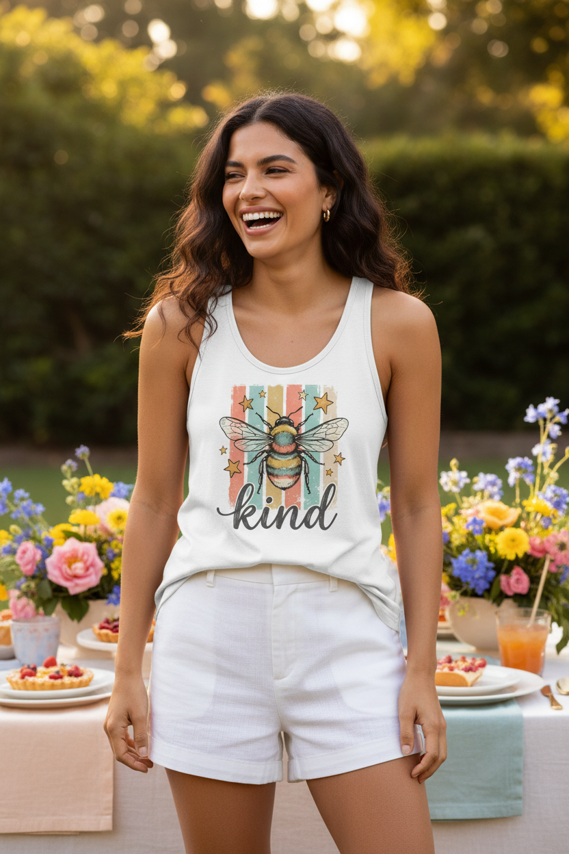 Model wearing the Bee Kind Racerback Tank Top with white shorts outdoors by flowers