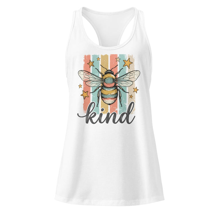 Bee Kind Racerback Tank Top white front product mockup showing the kindness bee graphic