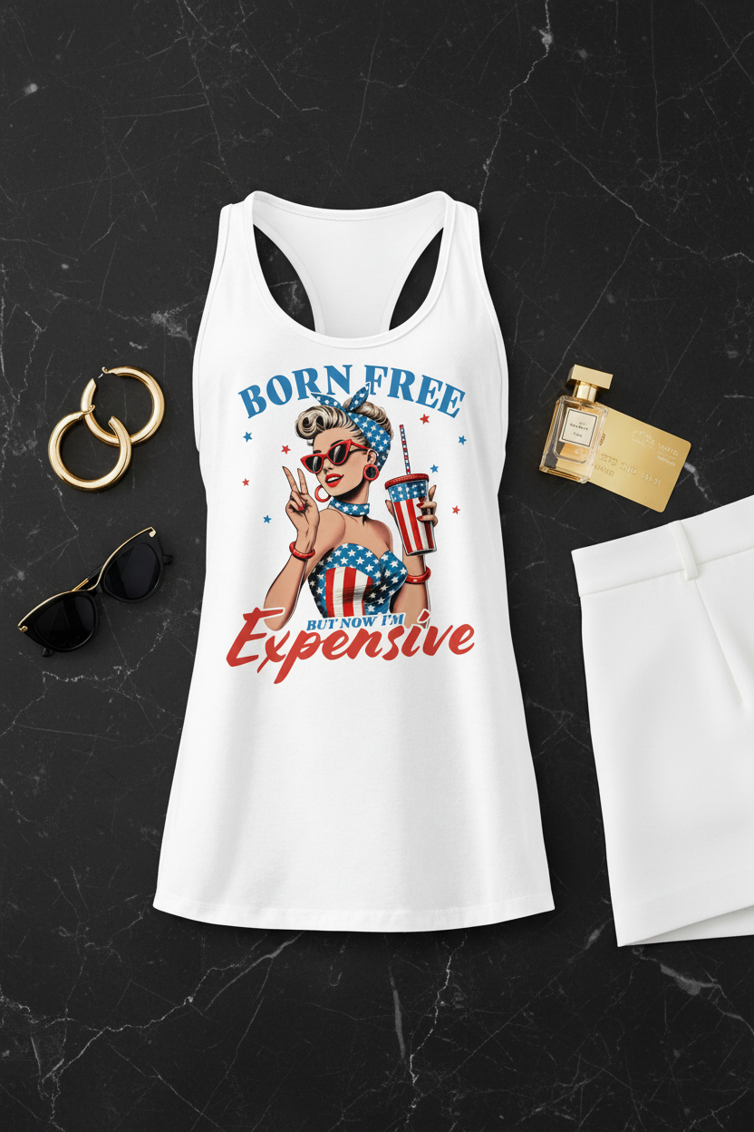 Born Free Expensive Racerback Tank Top flat lay styled on a black background with accessories