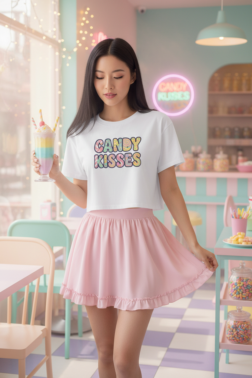 Model wearing the Candy Kisses Pastel Crop Top in a pastel candy shop scene