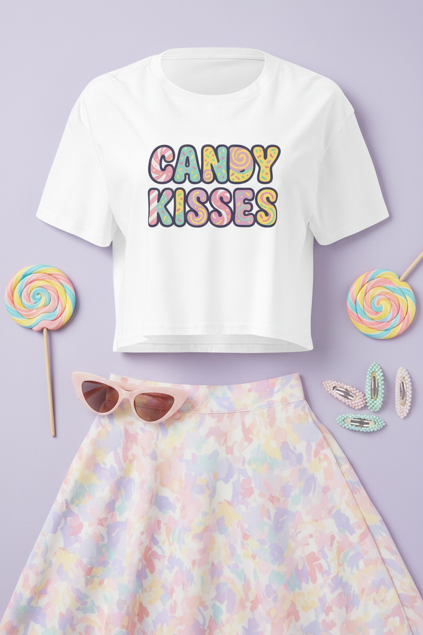 Candy Kisses Pastel Crop Top flat lay styled with a pastel skirt and lollipop accessories