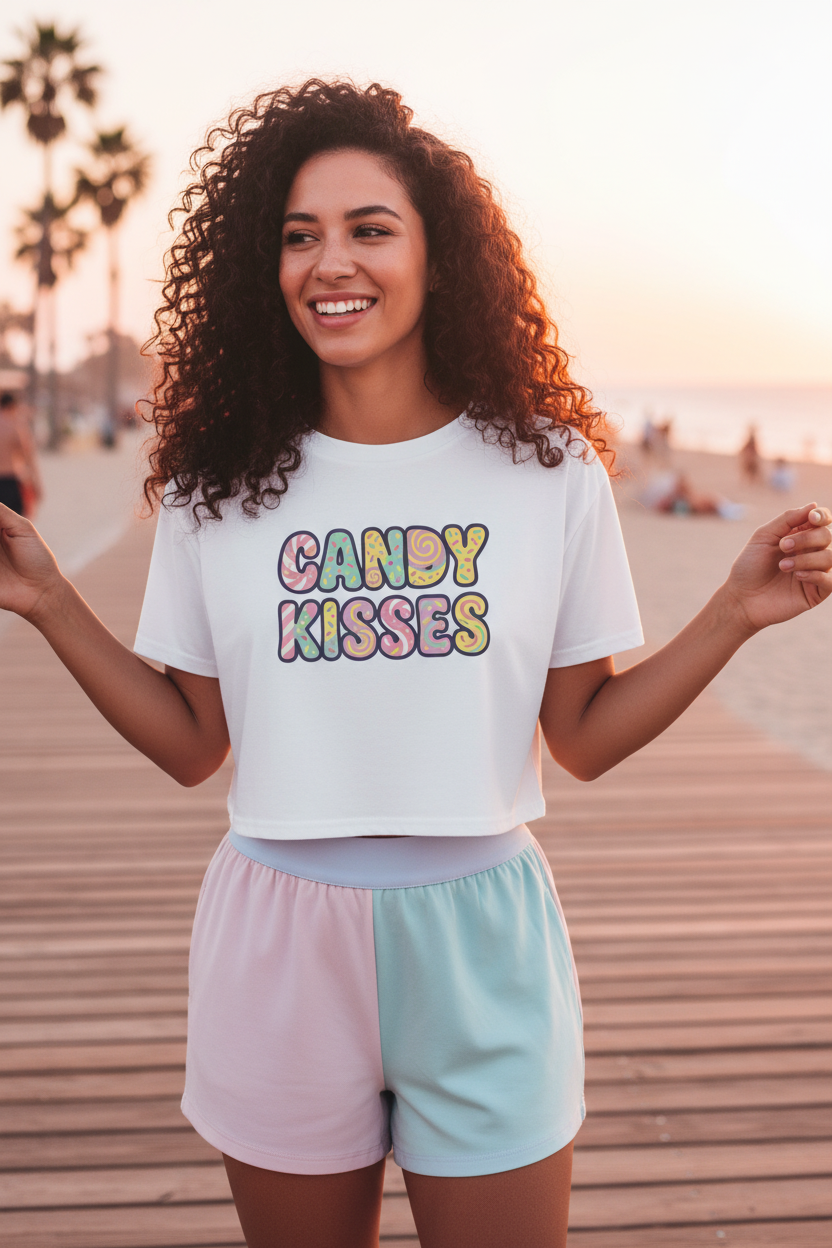 Model wearing the Candy Kisses Pastel Crop Top outdoors at sunset