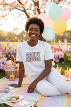 Model wearing the Candy Kisses Pastel Crop Top in a pastel balloon scene
