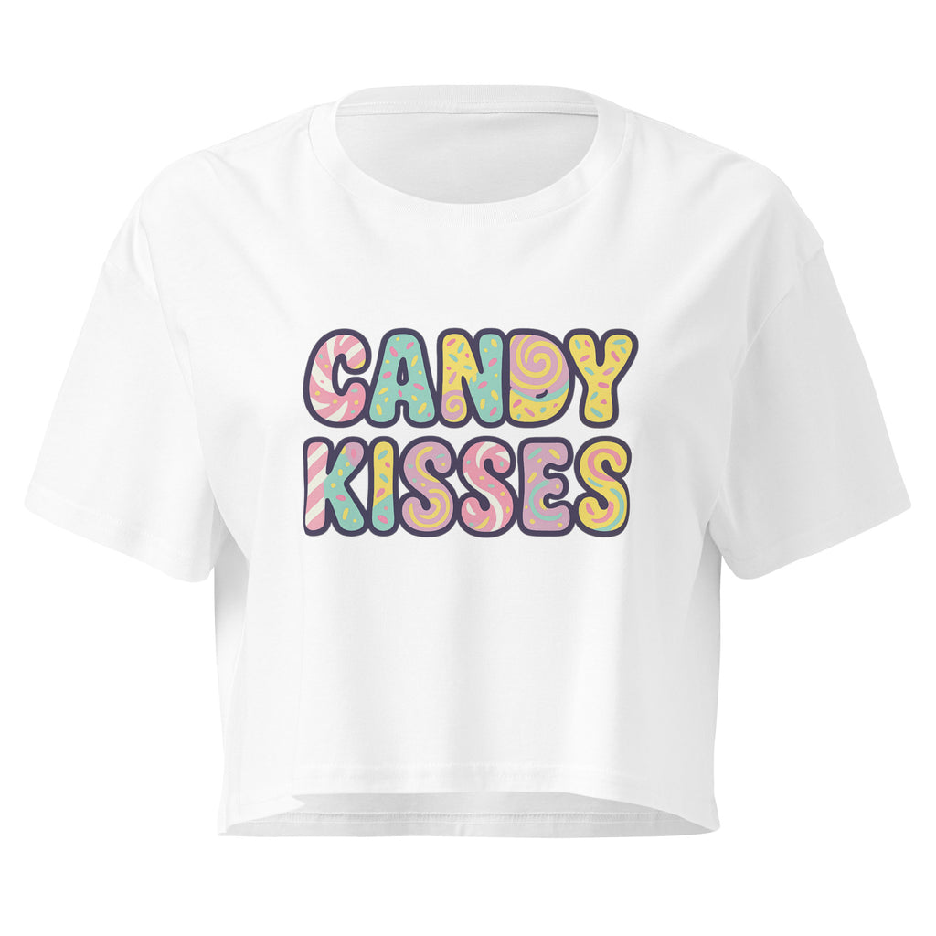 Candy Kisses Pastel white crop top front product mockup with pastel candy-style bubble lettering