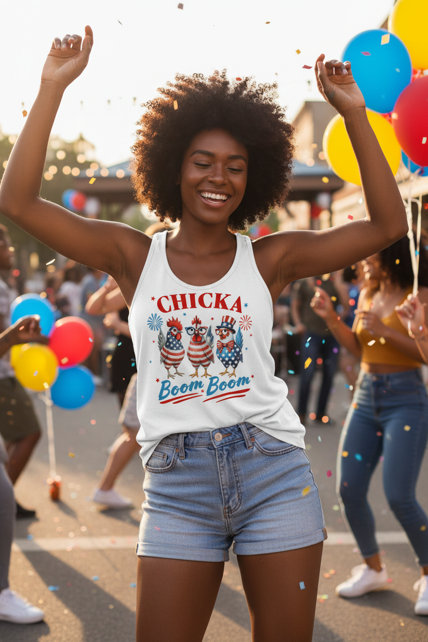 Model wearing the Chicka Boom Boom Racerback Tank Top at a colourful outdoor party with balloons