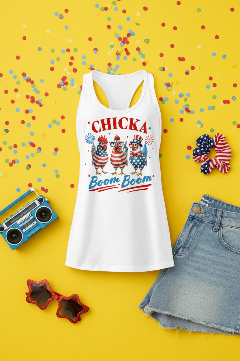 Chicka Boom Boom Racerback Tank Top flat lay styled on a yellow background with denim shorts