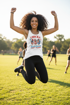 Model jumping outdoors while wearing the Chicka Boom Boom Racerback Tank Top