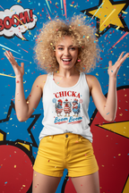 Model wearing the Chicka Boom Boom Racerback Tank Top in a colourful pop art studio scene