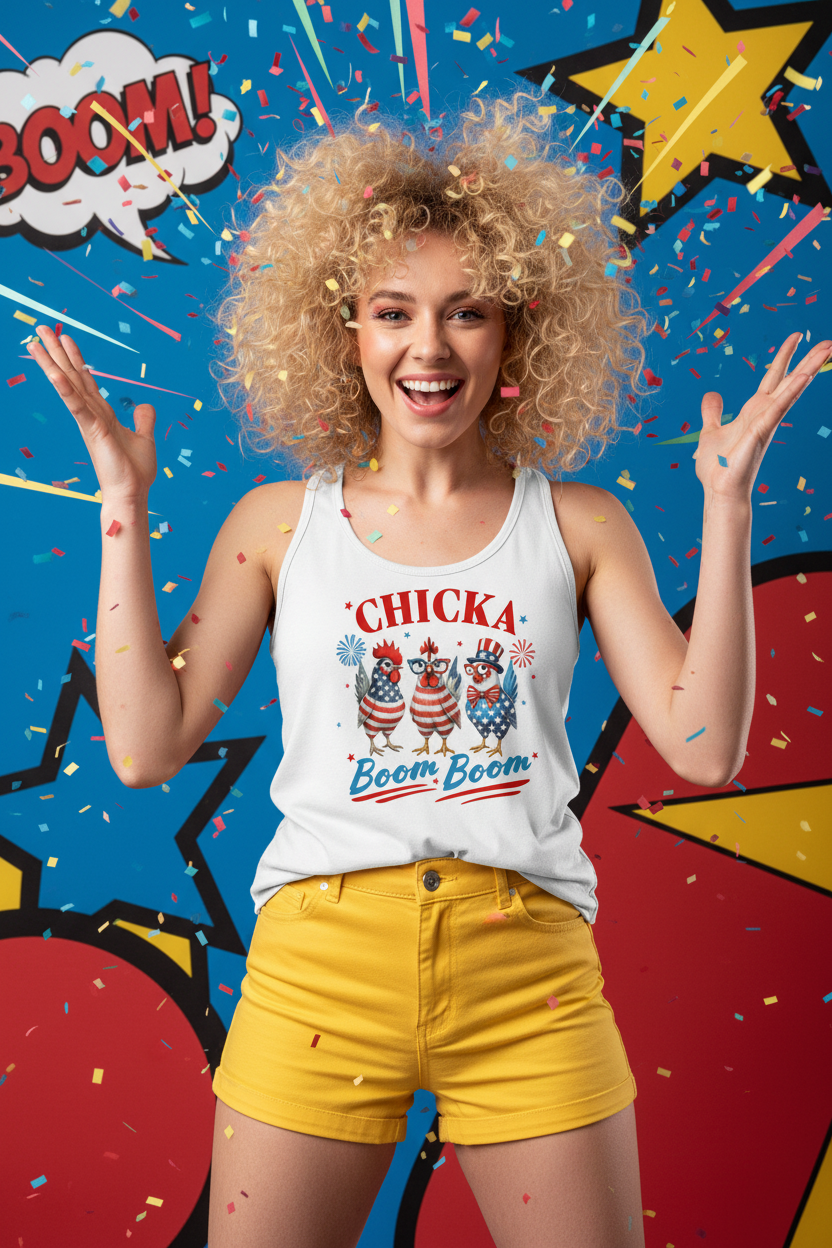 Model wearing the Chicka Boom Boom Racerback Tank Top in a colourful pop art studio scene