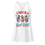 Chicka Boom Boom white racerback tank top front product mockup with patriotic chicken graphic