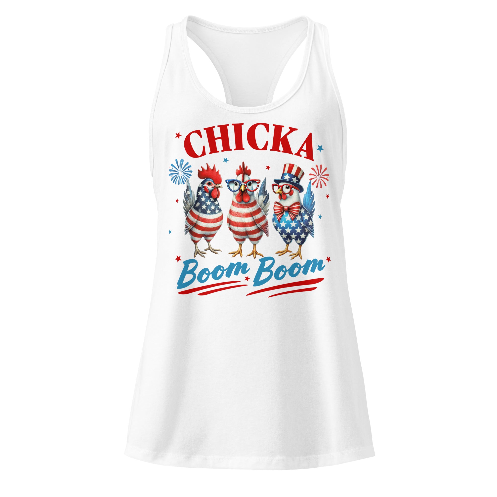 Chicka Boom Boom white racerback tank top front product mockup with patriotic chicken graphic