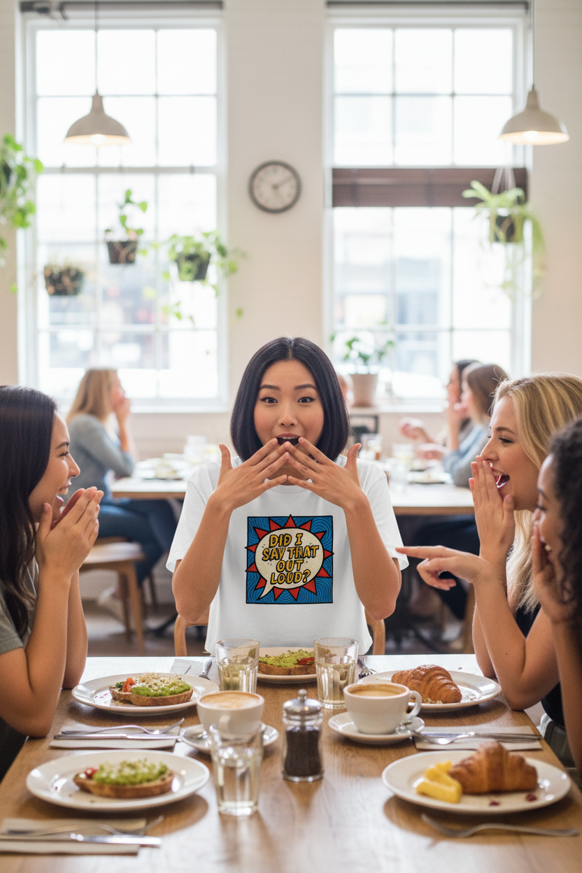 Model wearing the Did I Say That Out Loud Comic Crop Top seated at a dining table
