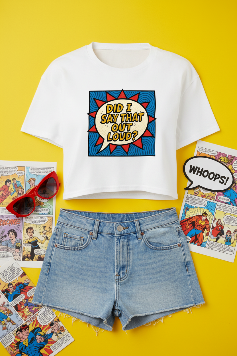 Did I Say That Out Loud Comic Crop Top flat lay styled with denim shorts on a yellow comic background