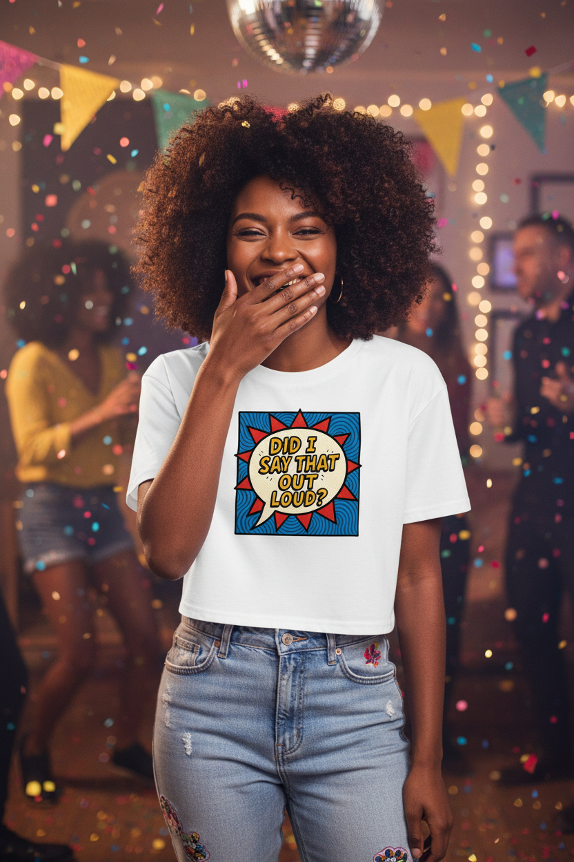 Model wearing the Did I Say That Out Loud Comic Crop Top in a party lights scene