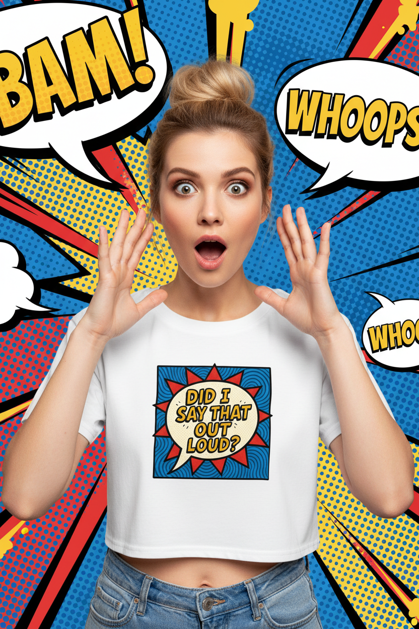 Model wearing the Did I Say That Out Loud Comic Crop Top in a bright pop art studio scene