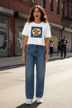 Model wearing the Did I Say That Out Loud Comic Crop Top with jeans in a streetwear scene