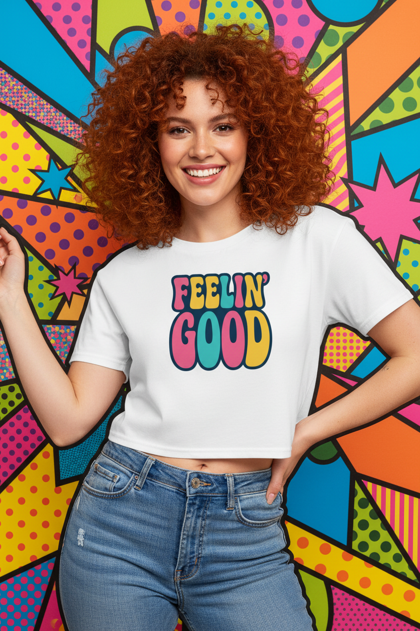 Model wearing the Feelin’ Good Colour Pop Crop Top in front of a bright colourful mural