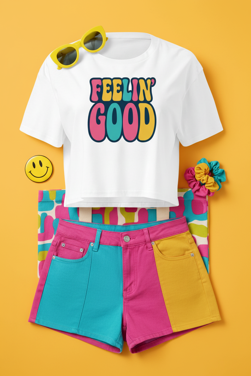 Feelin’ Good Colour Pop Crop Top flat lay styled with a bright colour-block skirt on a yellow background