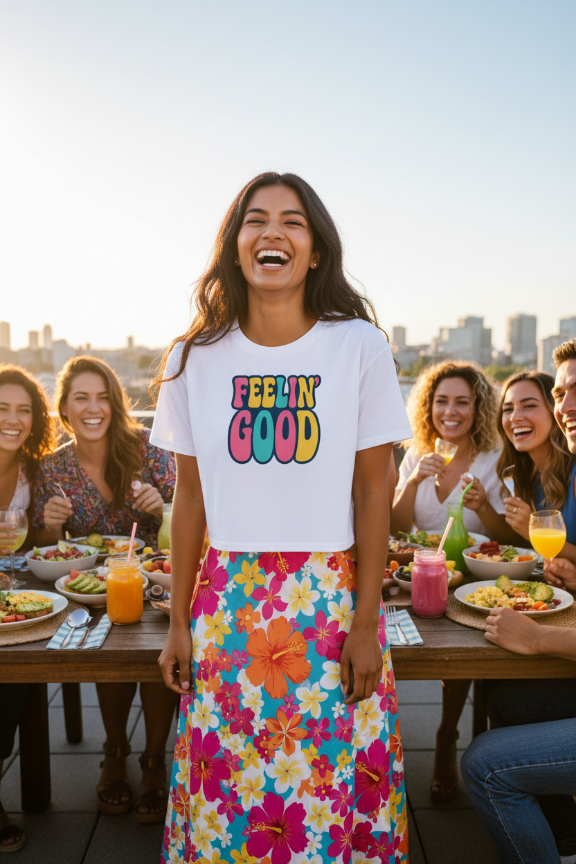 Model wearing the Feelin’ Good Colour Pop Crop Top at an outdoor festival scene with bright colour-pop styling