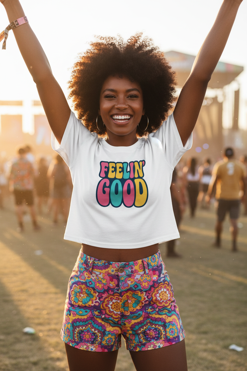 Model wearing the Feelin’ Good Colour Pop Crop Top outdoors at sunset with colourful patterned trousers