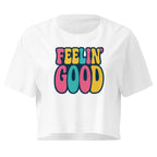 Feelin’ Good Colour Pop white crop top front product mockup with colourful retro bubble lettering