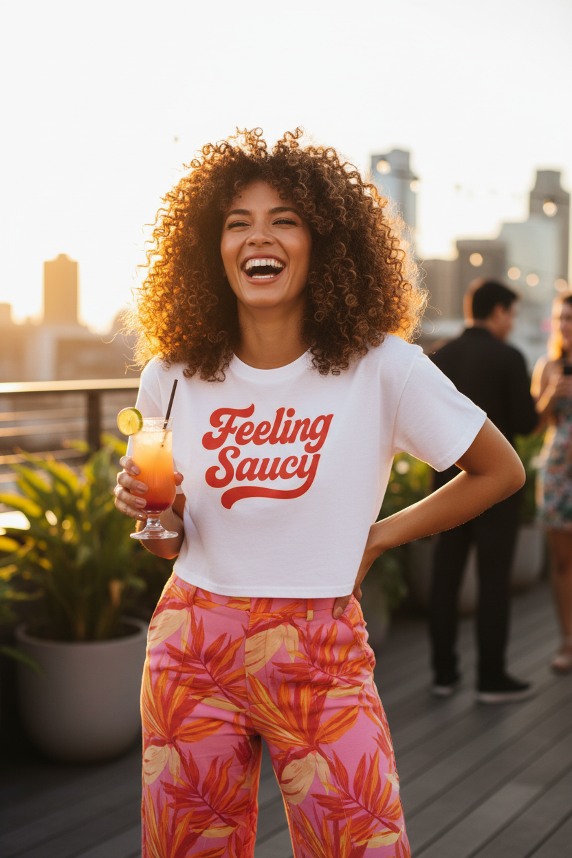 Model wearing the Feeling Saucy Retro Script Crop Top with a patterned skirt in a city street scene