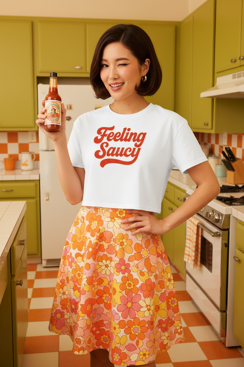 Model wearing the Feeling Saucy Retro Script Crop Top in a colourful kitchen scene