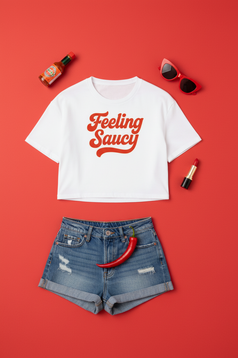 Feeling Saucy Retro Script Crop Top flat lay styled with denim shorts on an orange background